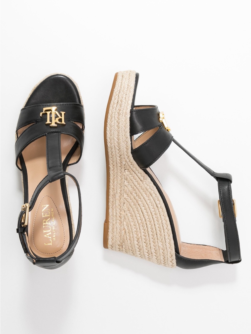Ralph Lauren Black Leather RLL Espadrille Wedge Sandals woman’s 9.5